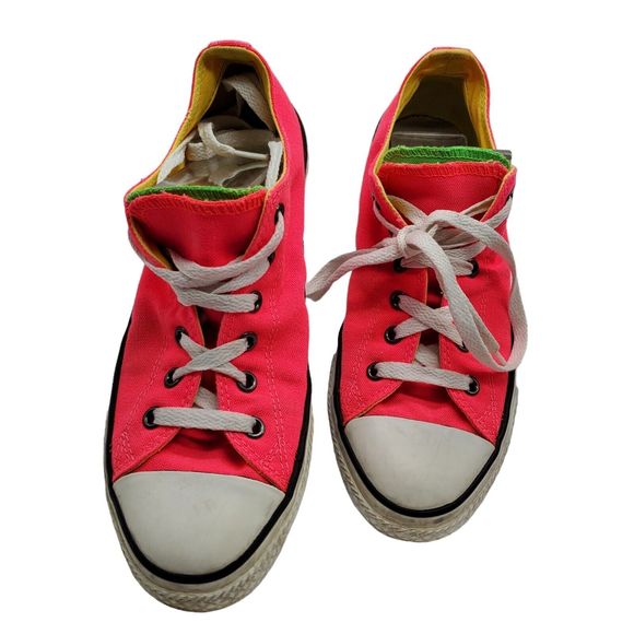 ALL STAR CONVERSE Double Tongue Pink, Yellow, and Green Sneakers Junior Size 5 - Picture 1 of 9